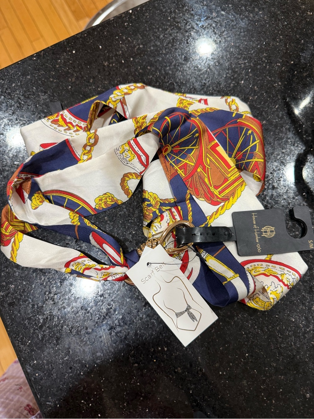 House of Harlow 1960 Navy, Ivory & Gold Chain-Print Scarf Belt S/M